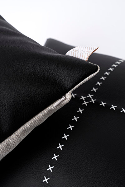 Koza Home Ivy Leather Detailed Black Throw Pillow Cover 30X50 2547