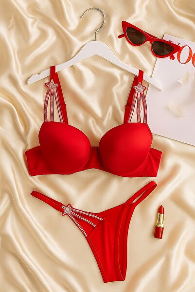 hepimiz alalım cu pietre aplicate Set sutien roșu Push Up