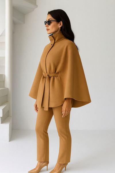 Ramior Women's Brown Belted Cashmere Poncho – Stylish Winter Outerwear and Trend Oversized Model