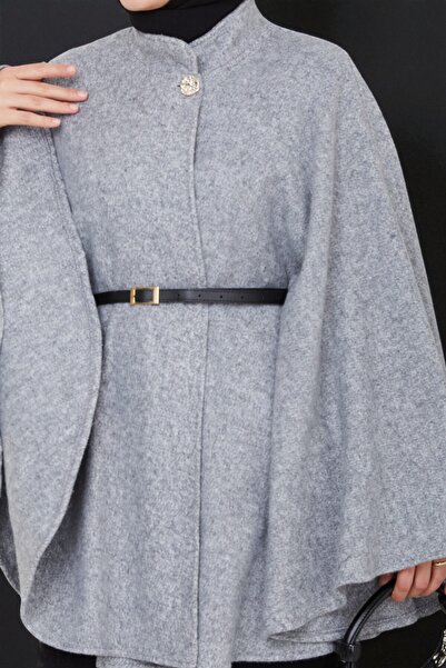 Cochines Women's Gray Gold Brooch Buttoned Belted Mock Neck Gray Cashmere Short Coat Hijab Tunic Long Poncho