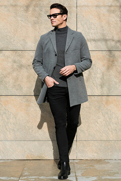 Buratti Slim Fit Tek Yırtmaçlı Düğmeli Mono Yaka Kaşe Kaban Erkek KABAN 5840098