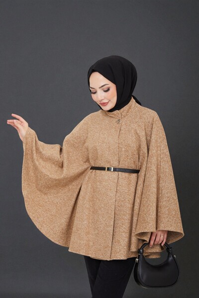 Cochines Women's Tan Gold Brooch Buttoned Belted Mock Neck Gray Cashmere Short Coat Hijab Tunic Long Poncho