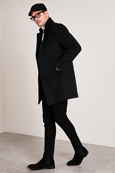 Buratti Slim Fit Tek Yırtmaçlı Düğmeli Mono Yaka Kaşe Kaban Erkek KABAN 5840098