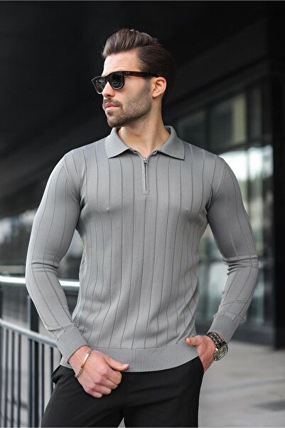 Madmext Polo Collar Zippered Anthracite Knitted Sweater - 7242