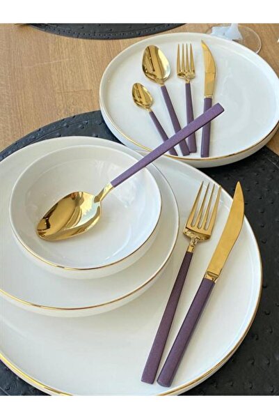 ROSSEV Napoli Es Purple&Gold 42 Piece Spoon Fork Knife Tea Spoon 6 Person Çkb