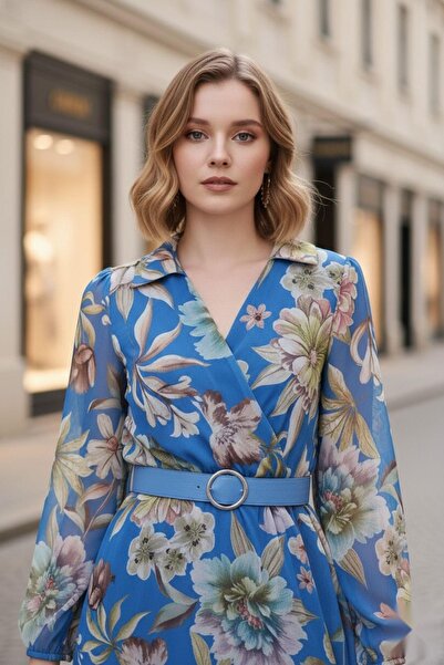 Mossta Rochie de modă lungă din șifon albastru - decolteu dublu și curea