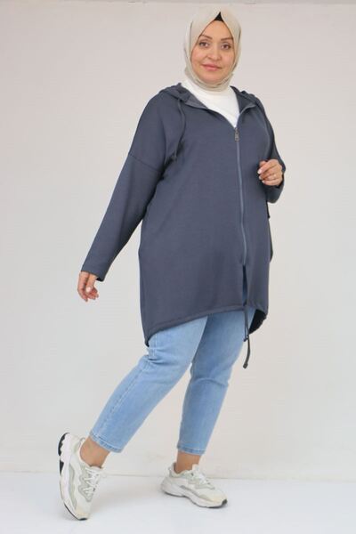 Eslina 53053 Plus Size Skirt Oval Cut Modal Jacket - Anthracite