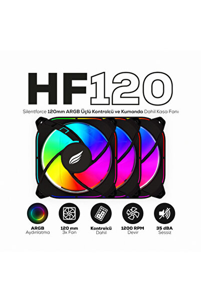 Hawk Gaming HF120 Silentforce 120mm ARGB Üçlü Kontrolcü ve Kumada Dahil Siyah...