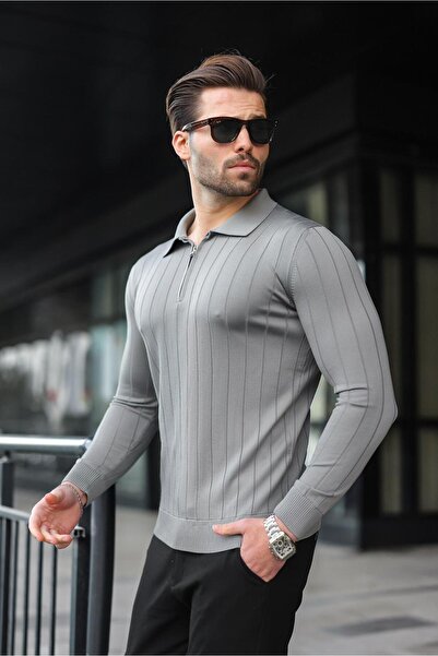 Madmext Polo Collar Zippered Anthracite Knitted Sweater - 7242