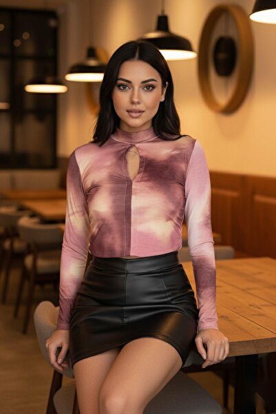 Mossta Göğüs Pencereli Ayarlanabilir Büzgülü Dijital Bluz Pudra