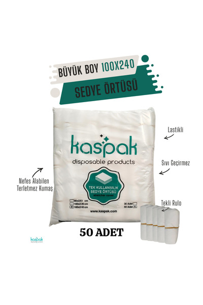 kaspak Tek kullanımlık Büyük Boy Sedye Örtüsü 240x100 cm 50 Adet Sedye/Yatak/Masaj/Minder