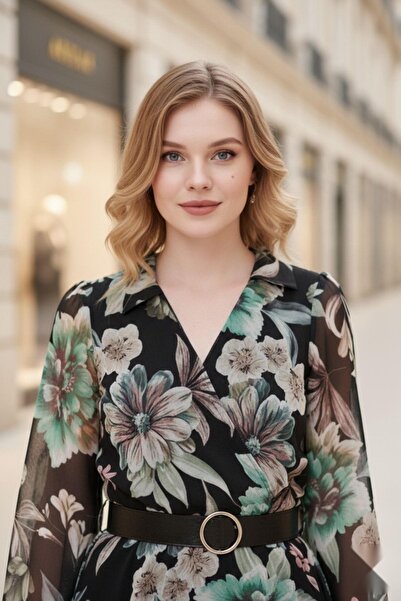 Mossta Μακρύ φόρεμα μόδας από σιφόν με διπλό λαιμόκοψη και ζώνη στη μέση, μαύρο