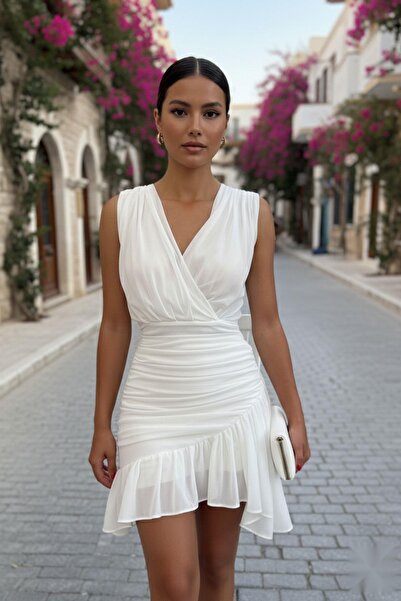 Mossta White Tulle Dress - Zero Sleeve and Double Breasted Collar