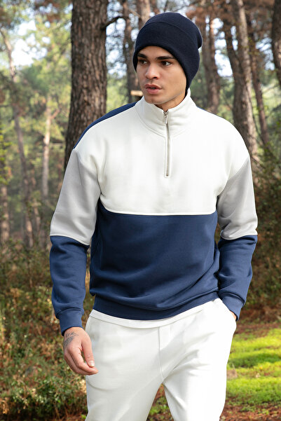 Buratti Ανδρικό φούτερ με χρωματιστό μπλοκ, κανονική εφαρμογή, μισό φερμουάρ και όρθιο γιακά 5905719