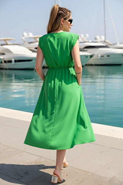 Mossta Moni Zero Sleeve Padded Elastic Waist Midi Dress Green