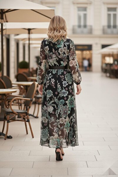 Mossta Μακρύ φόρεμα μόδας από σιφόν με διπλό λαιμόκοψη και ζώνη στη μέση, μαύρο