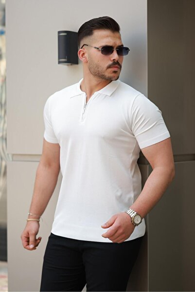 comstar Men's Half Zipper Basic Tight White Polo Neck T-Shirt