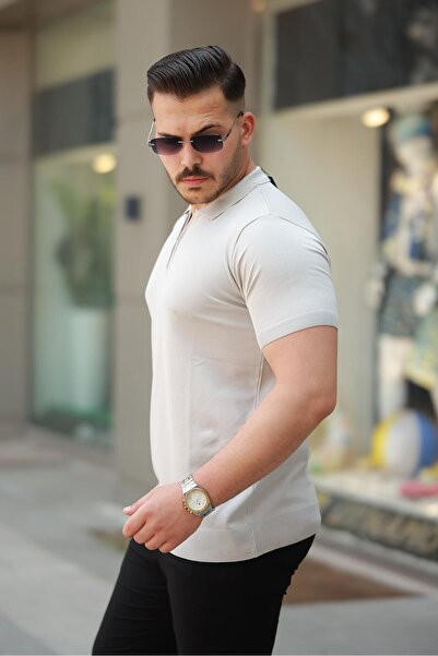 comstar Men's Half Zipper Basic Tight Cream Polo Neck T-Shirt