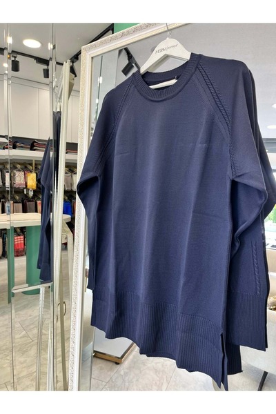 MERAM BUTİK Adn Thin Knit Tunic with Hair Braiding - Navy Blue - 1