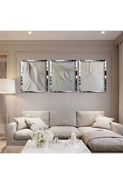 KOLAJTASARIM Modern Duvar Sanatı Gümüş Pleksi 3'lü Çerçeveli Tablo Seti