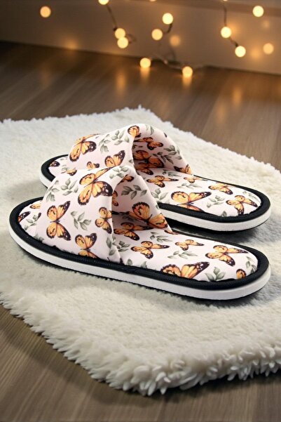 Chochili Γυναικείες παντόφλες σπιτιού με μαλακή σόλα με ανοιχτό μπροστινό μέρος και σχέδιο λευκής πεταλούδας