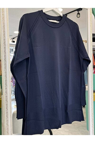 MERAM BUTİK Adn Thin Knit Tunic with Hair Braiding - Navy Blue - 1