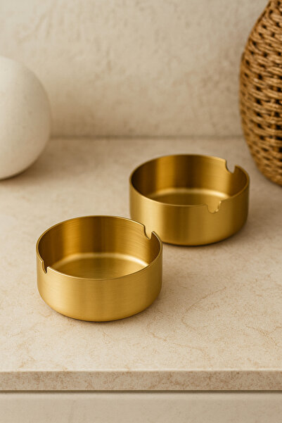 Anadolu Saray 2 ADET Gold Metal Kapaklı Küllük – Portatif ve Modern Tasarım, Şık Gold Kül Tablası