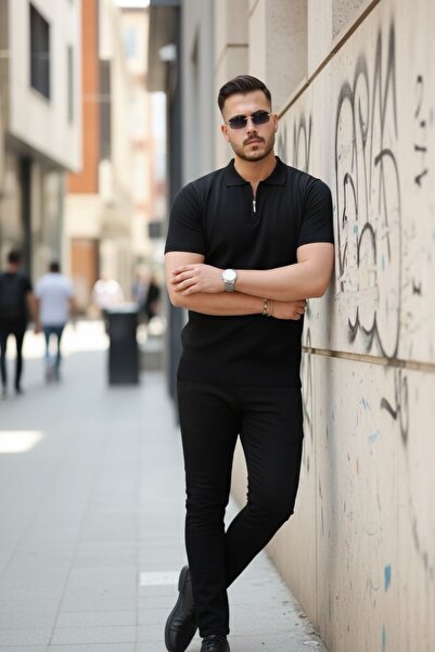 comstar Men's Half Zipper Basic Tight Black Polo Neck T-Shirt