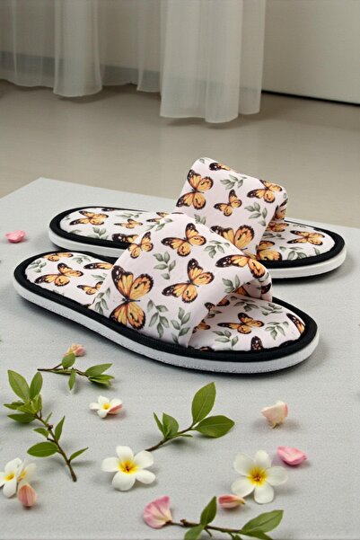 Chochili Γυναικείες παντόφλες σπιτιού με μαλακή σόλα με ανοιχτό μπροστινό μέρος και σχέδιο λευκής πεταλούδας