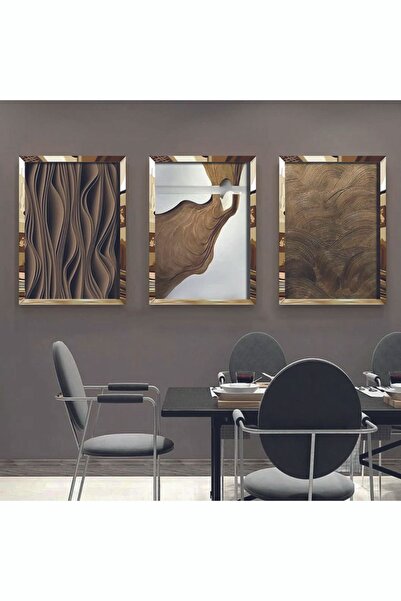 KOLAJTASARIM Ayna Pleksi Üçlü Gold Renkli Altın Detaylar Çerçeveli Tablo Seti