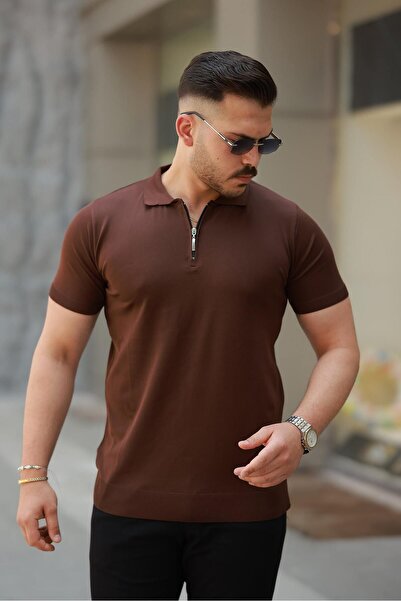 comstar Men's Half Zipper Basic Tight Brown Polo Neck T-Shirt