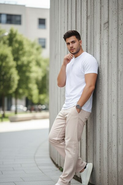 comstar Men's Wide Leg Basic High Waist Cream Baggy Trousers