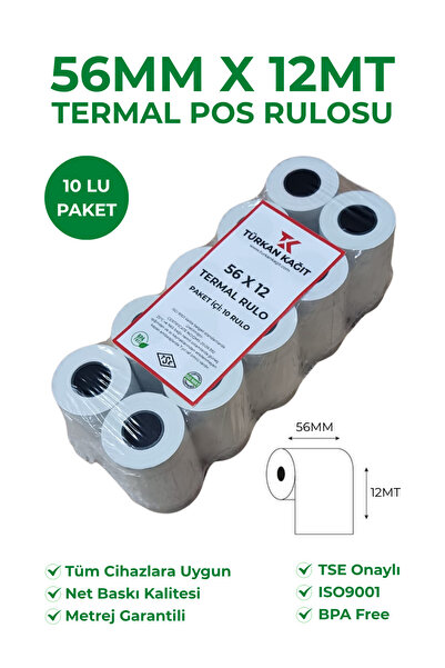 RULORULO 56x12 Termal Rulo Yazarkasa Pos Rulosu 1 Paket 10 Adet BPA Free