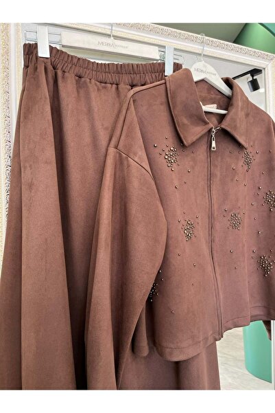 MRM MERAM BUTİK Shoulder Pad Tex Suede Skirt Suit with Stone - Brown - 46