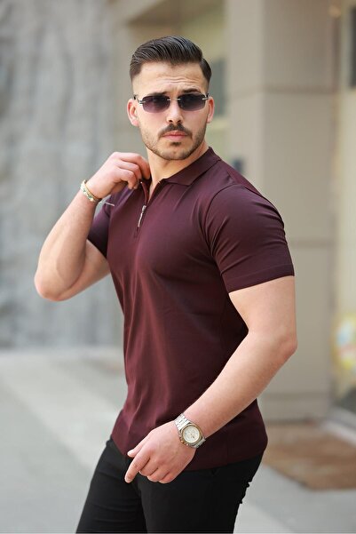 comstar Men's Half Zipper Basic Tight Claret Red Polo Neck T-Shirt