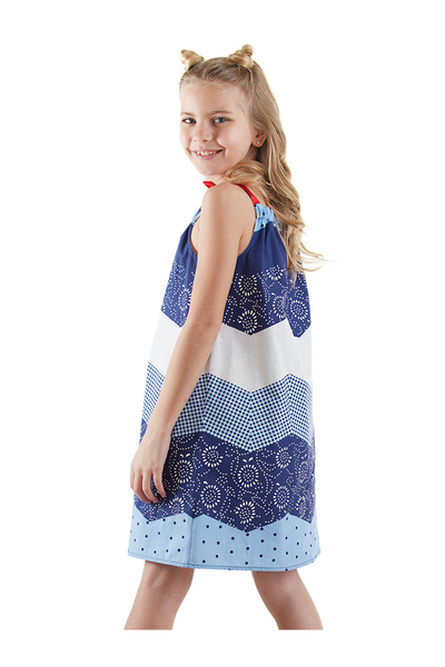 Denokids Navy Blue and White Patterned Poplin Girl's Dress