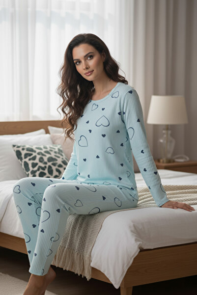 Fulla Moda Kalp Desenli Bisiklet Yaka Pijama Takımı