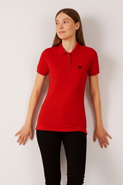 comstar Women's Short Sleeve Summer Basic Red Polo Neck T-Shirt