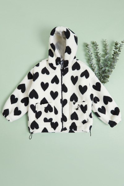 Fulla Moda Heart Patterned Girl's Plush Coat with Hooded Stoppers