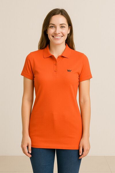 comstar Women's Short Sleeve Summer Basic Orange Polo Neck T-Shirt