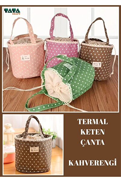 TATA CRAFT *kahverengi Keten Puantiyeli Termal Yemek Taşıma Çantası Piknil, O...