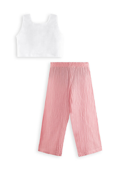 Denokids Floral Girl's Pink Muslin Pants Set
