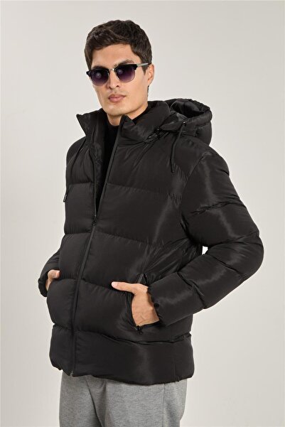 BARRELS AND OIL Men's Detachable Hooded Quilted Jacket - Black