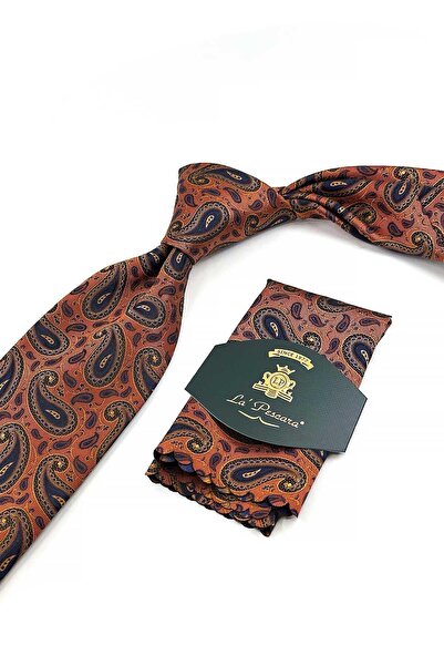 Kravatkolik Classic Tie with Orange Shawl Pattern Handkerchief Kk13299