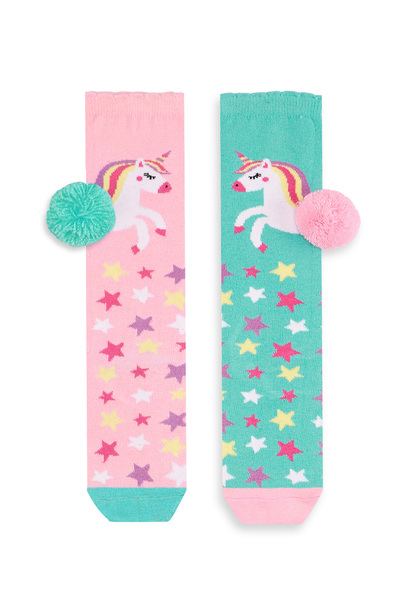 Denokids Unicorn Star Girl's Pink Green Knee Socks