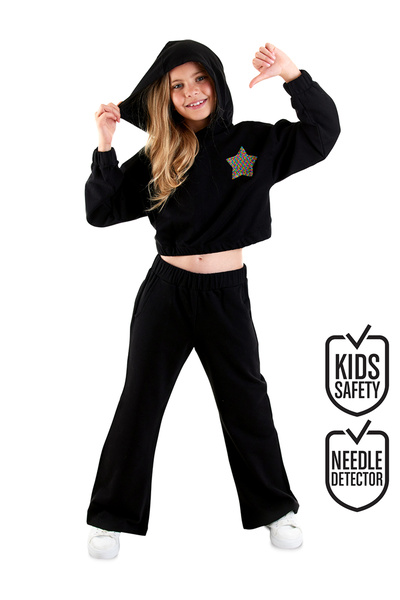 Denokids Stars Girl's Crop Black Tracksuit Set