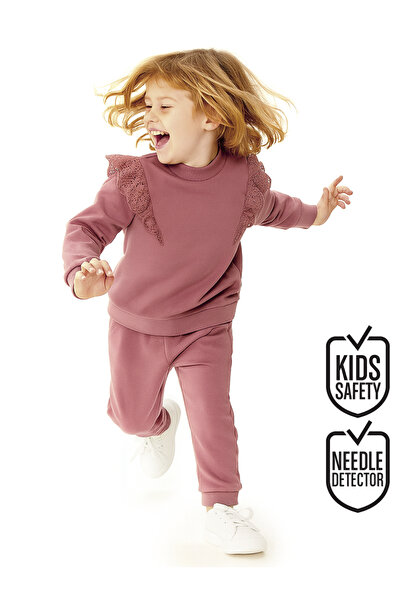 Denokids Ruffled Girl's Dusty Rose Tracksuit Set