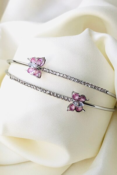 Bonicce Çiçekli Zirkon Taşlı Su Yolu 2li Kadın Çelik Kelepçe Bileklik Paslanmaz