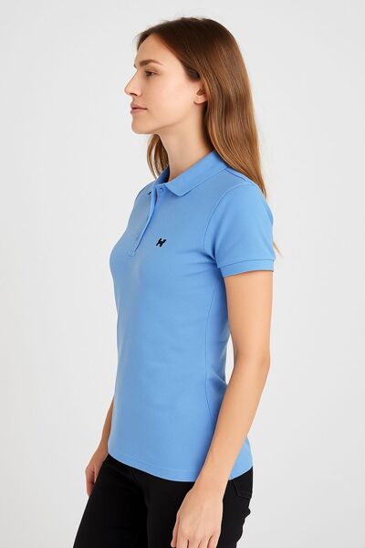 comstar Women's Short Sleeve Summer Basic Blue Polo Neck T-Shirt