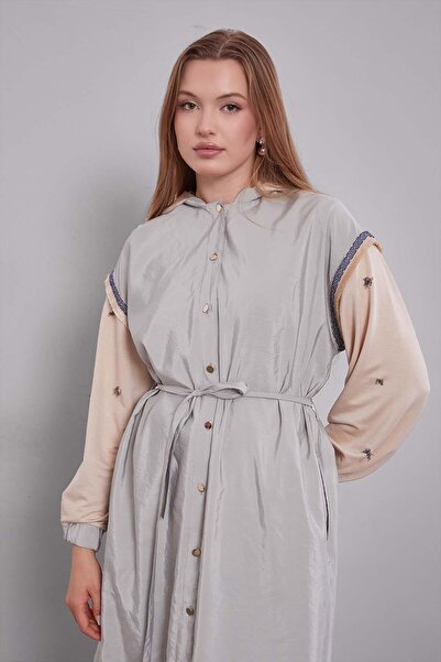 Levidor Πράσινο-Μπεζ καμπαρντίνα με με κουκούλα κεντημένα μανίκια